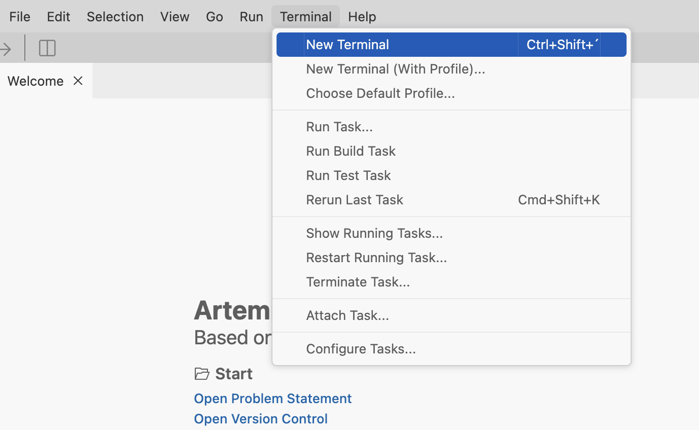 Open new terminal from top menu